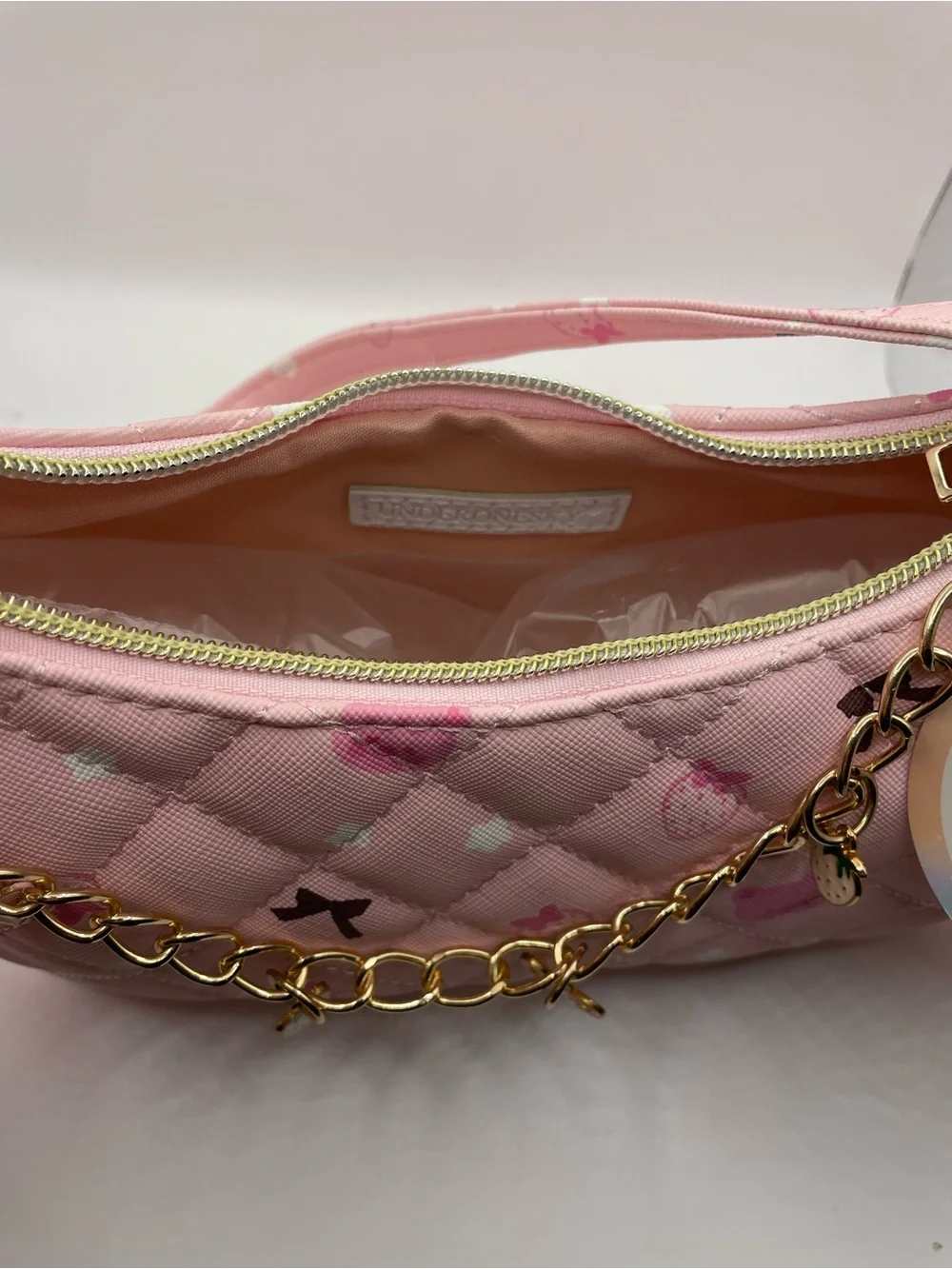 NWT Under One Sky Pink Quilted Strawberry Bag Bear Charm